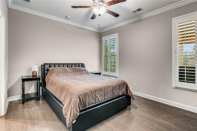 4831 Miller Hill Rd, Buford, GA 30518 - bedroom featuring baseboards, wood finished floors, ornamental molding, and a ceiling fan