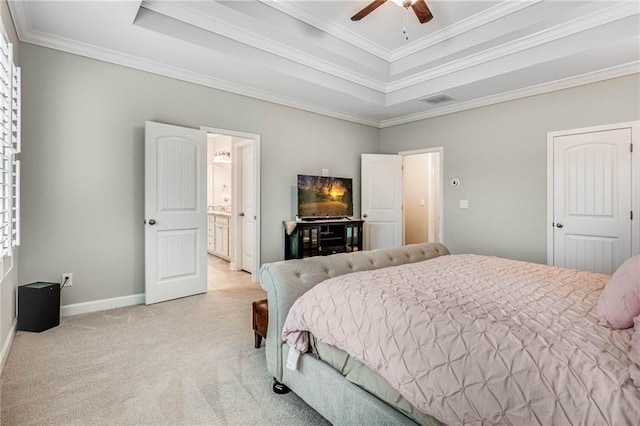 4831 Miller Hill Rd, Buford, GA 30518 - bedroom featuring a raised ceiling, light colored carpet, crown molding, baseboards, and ensuite bathroom