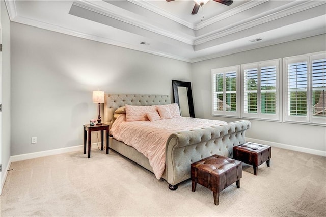 4831 Miller Hill Rd, Buford, GA 30518 - bedroom featuring a tray ceiling, ornamental molding, light colored carpet, baseboards, and ceiling fan