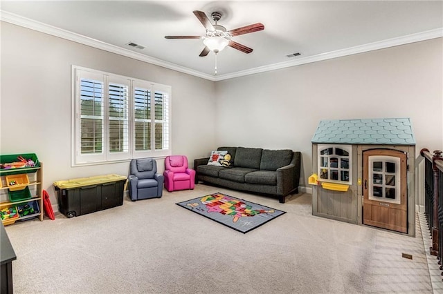 4831 Miller Hill Rd, Buford, GA 30518 - carpeted living area featuring ornamental molding and ceiling fan