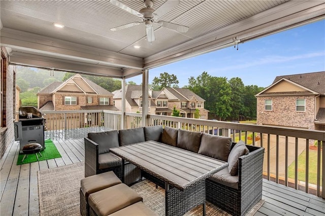 4831 Miller Hill Rd, Buford, GA 30518 - wooden terrace with outdoor lounge area, ceiling fan, and a residential view