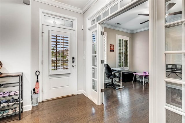 4831 Miller Hill Rd, Buford, GA 30518 - entryway with dark wood finished floors, ornamental molding, ceiling fan, and baseboards