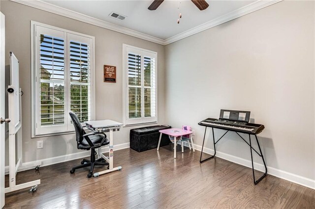 4831 Miller Hill Rd, Buford, GA 30518 - office space with wood finished floors, baseboards, a ceiling fan, and crown molding