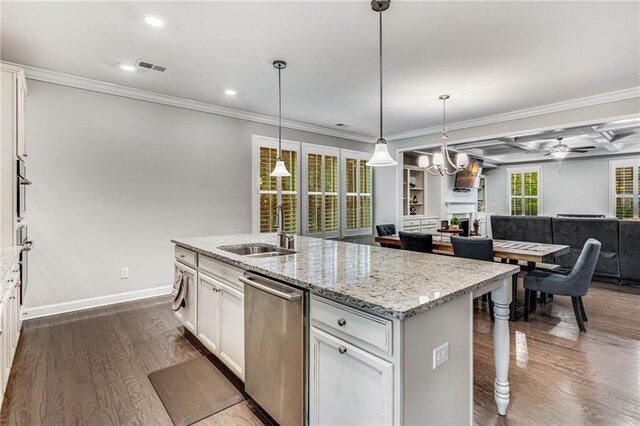 4831 Miller Hill Rd, Buford, GA 30518 - kitchen featuring a sink, stainless steel appliances, open floor plan, dark wood-type flooring, and crown molding
