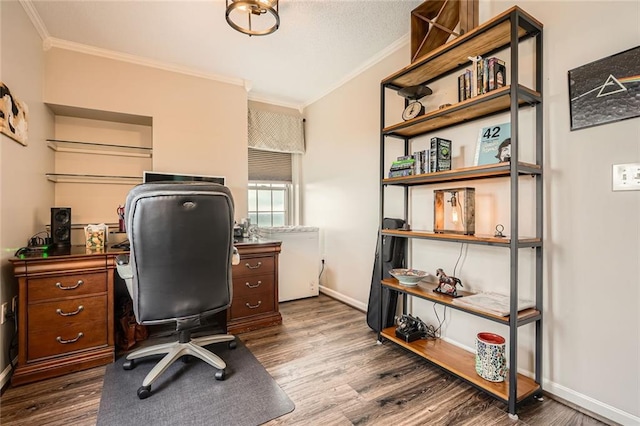 office with crown molding, baseboards, and dark wood-type flooring