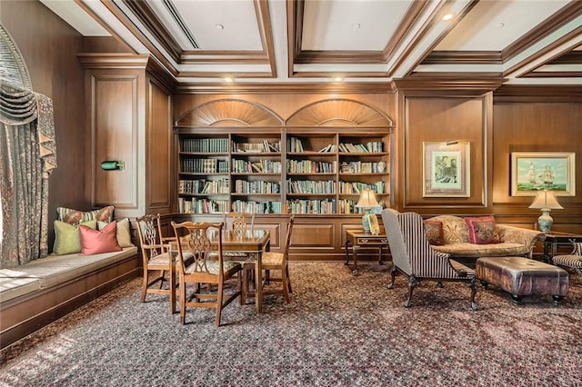 sitting room featuring crown molding, built in features, carpet, and coffered ceiling