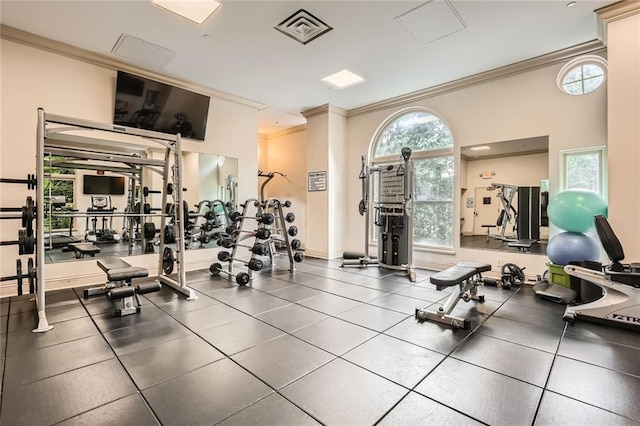 workout area featuring crown molding, visible vents, and a wealth of natural light