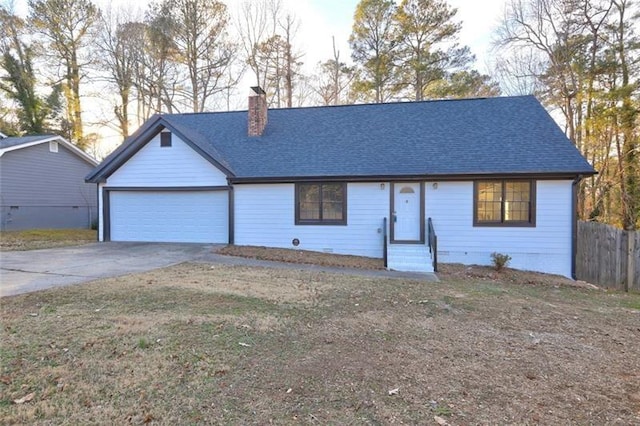 single story home featuring an attached garage, roof with shingles, a chimney, and fence