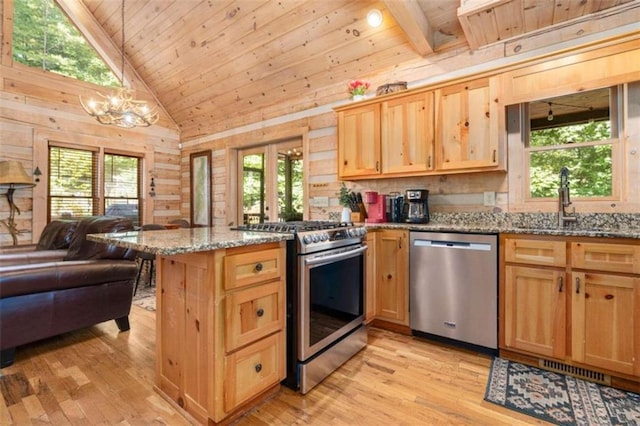 kitchen featuring wooden walls, stainless steel appliances, wooden ceiling, stone countertops, and light hardwood / wood-style floors