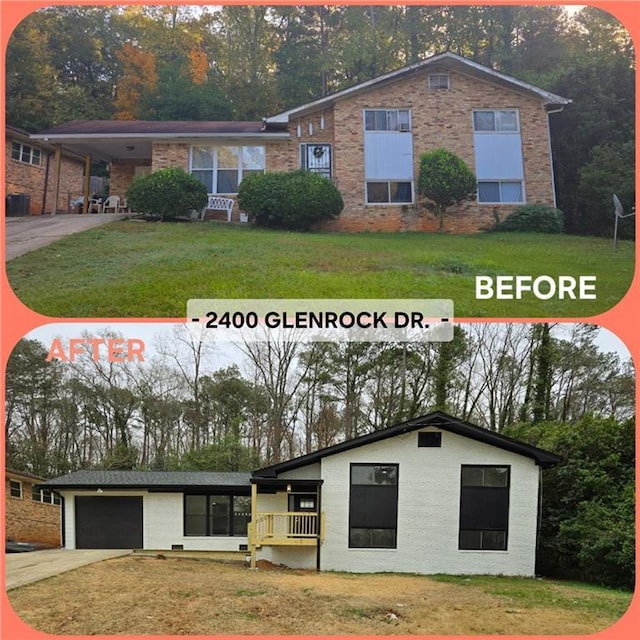 view of front of house with a front lawn, an attached carport, concrete driveway, an attached garage, and brick siding