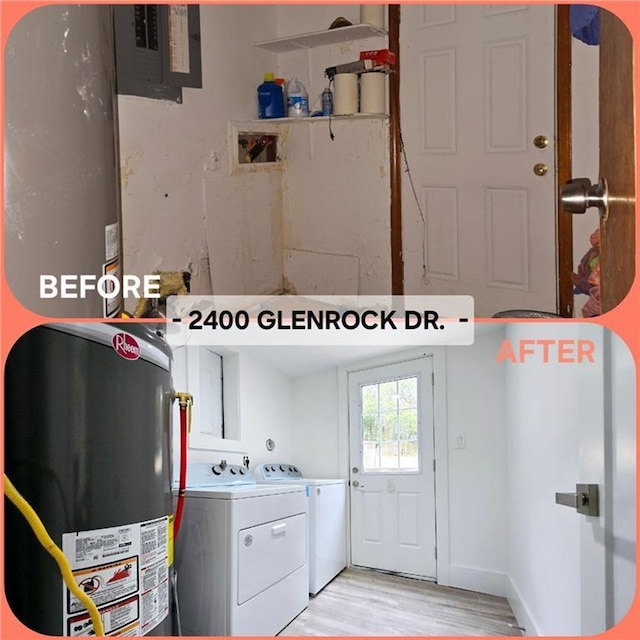 laundry room with electric panel, water heater, light wood finished floors, laundry area, and washing machine and clothes dryer