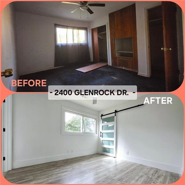 unfurnished room with a ceiling fan, a barn door, wood finished floors, and baseboards