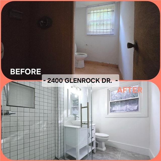 full bathroom featuring vanity, tile patterned floors, toilet, and baseboards