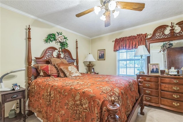 carpeted bedroom with crown molding and a textured ceiling