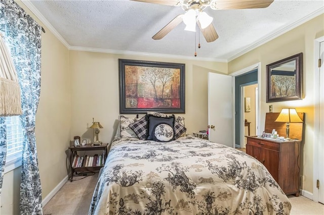 bedroom featuring crown molding, a textured ceiling, light carpet, and baseboards