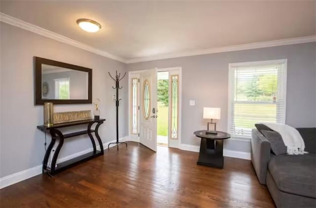 foyer entrance with dark wood-style floors, baseboards, and crown molding