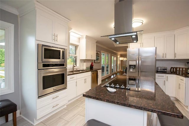 kitchen with tasteful backsplash, island range hood, stainless steel appliances, crown molding, and a sink