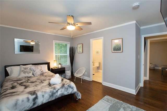 bedroom with a ceiling fan, crown molding, baseboards, and wood finished floors