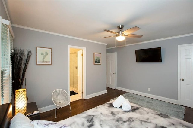 bedroom featuring ceiling fan, crown molding, baseboards, and wood finished floors