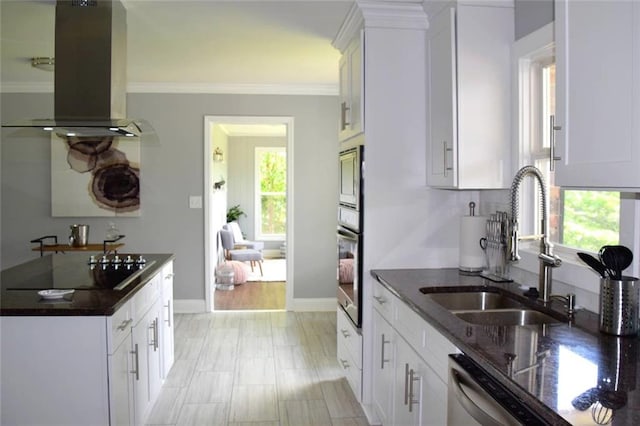 kitchen with stainless steel appliances, a sink, white cabinetry, island exhaust hood, and crown molding