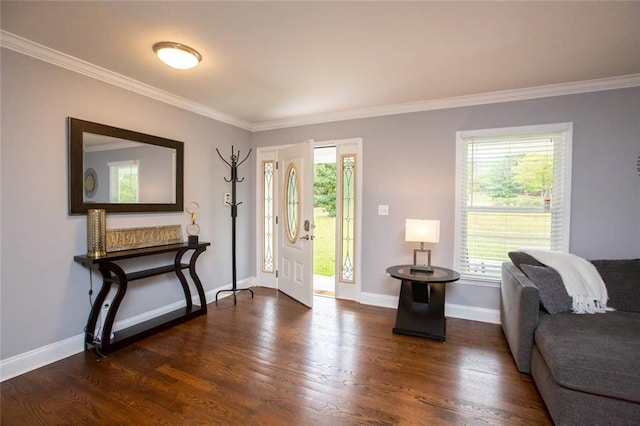 entrance foyer with a healthy amount of sunlight, crown molding, baseboards, and wood finished floors