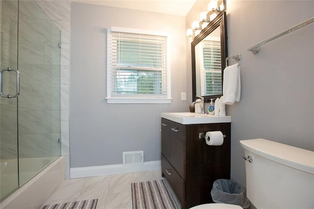 bathroom featuring toilet, vanity, visible vents, baseboards, and marble finish floor