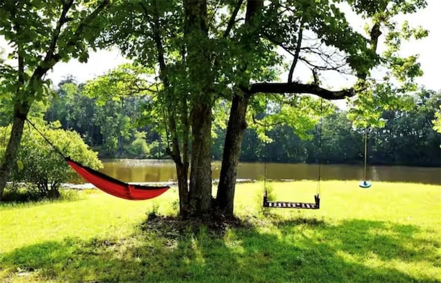 view of property's community with a water view and a lawn