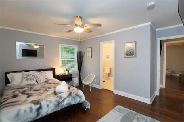 bedroom featuring ceiling fan, wood finished floors, baseboards, ornamental molding, and ensuite bath