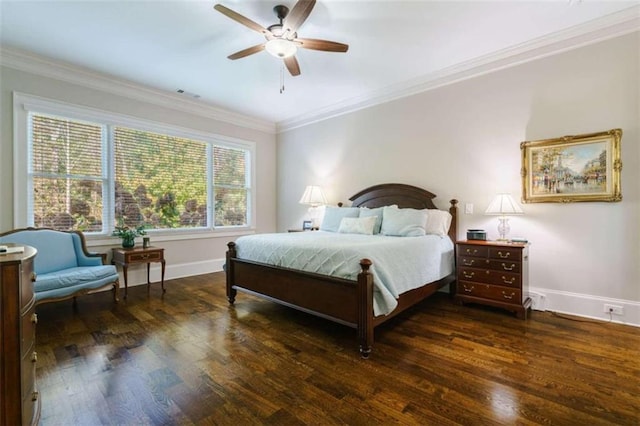 bedroom with ornamental molding, dark hardwood / wood-style floors, and ceiling fan