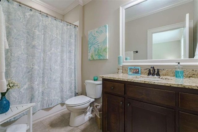 bathroom featuring crown molding, vanity, toilet, and tile patterned flooring