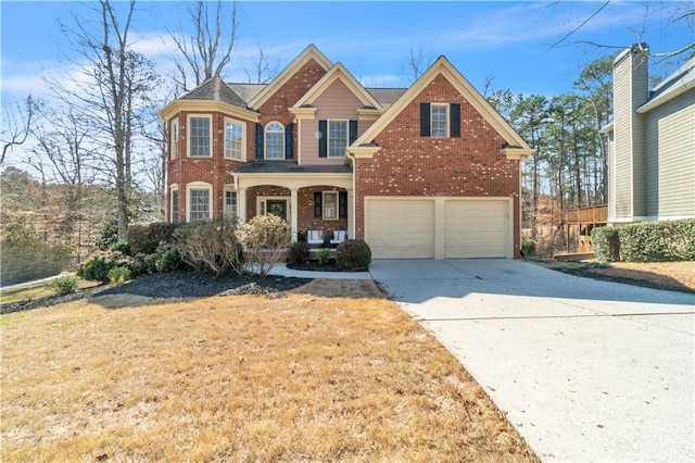 view of front of home featuring a front lawn, driveway, a porch, an attached garage, and brick siding