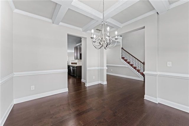 350 Paces Dr, Lithia Springs, GA 30122 - unfurnished dining area with a chandelier, coffered ceiling, dark wood-type flooring, beam ceiling, and stairs