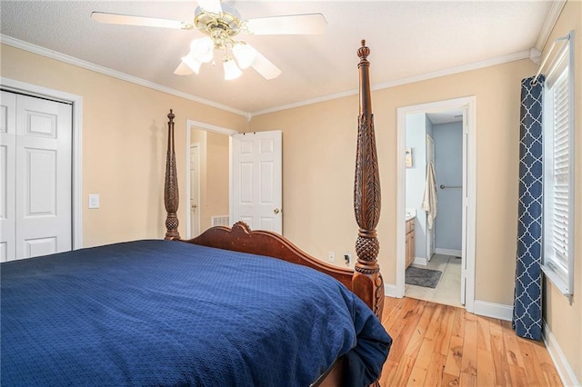 bedroom with multiple windows, ornamental molding, and light wood-type flooring