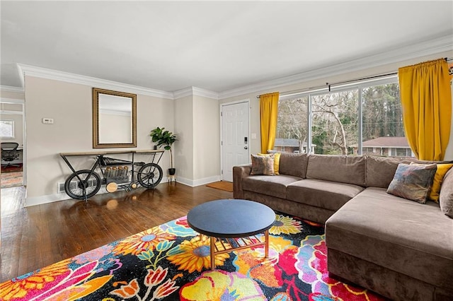 living room featuring crown molding and dark hardwood / wood-style flooring