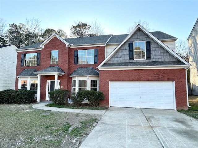 view of front of house with a garage, brick siding, a shingled roof, concrete driveway, and a front yard