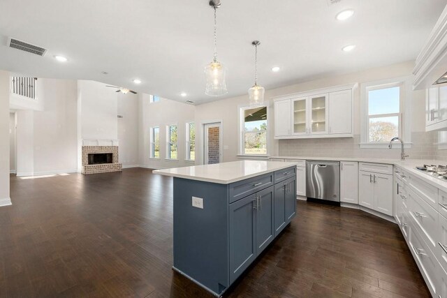 kitchen featuring backsplash, stainless steel appliances, plenty of natural light, a fireplace, and dark hardwood / wood-style flooring