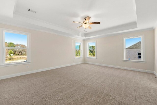 carpeted empty room with ceiling fan and a raised ceiling