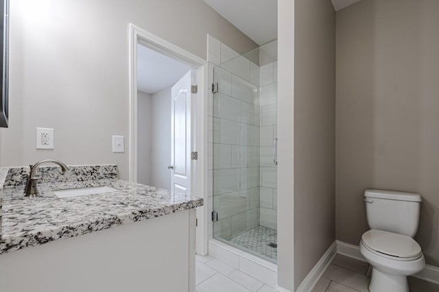 bathroom with vanity, a shower with shower door, toilet, and tile patterned flooring