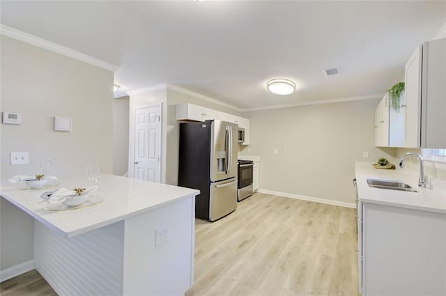 kitchen with light wood-type flooring, stainless steel appliances, sink, white cabinetry, and ornamental molding