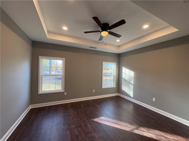 unfurnished room featuring a tray ceiling, plenty of natural light, and dark wood-type flooring