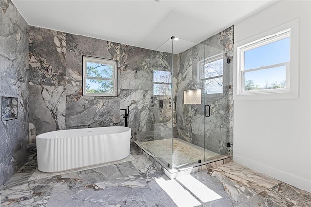 1857 Defoor Ave, Atlanta, GA 30318 - full bath with a marble finish shower, marble finish floor, a freestanding tub, and a healthy amount of sunlight