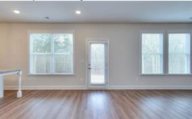 doorway featuring wood finished floors, a healthy amount of sunlight, and baseboards