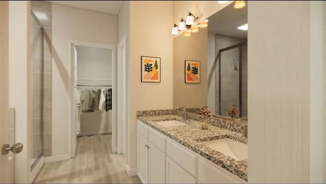 bathroom with a spacious closet, a stall shower, double vanity, and a sink