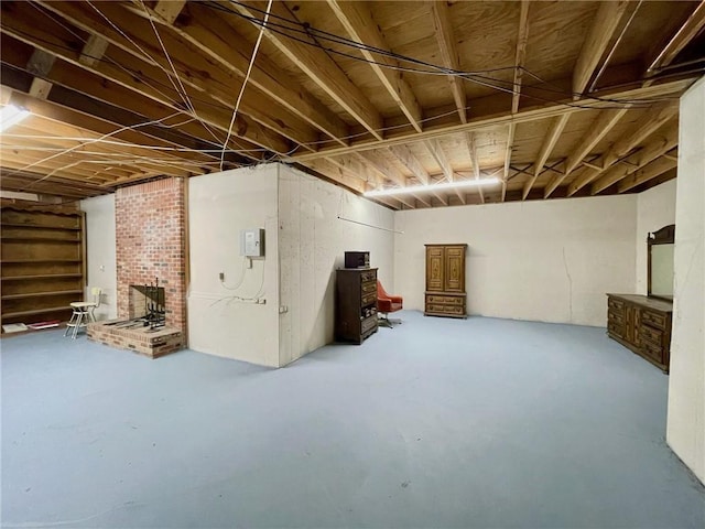 basement with a fireplace