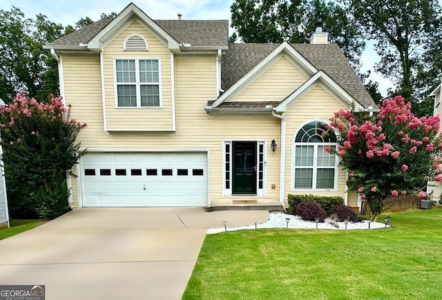 view of front of property with a front yard and a garage