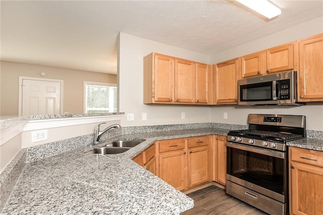 kitchen featuring dark hardwood / wood-style flooring, light stone counters, a textured ceiling, stainless steel appliances, and sink