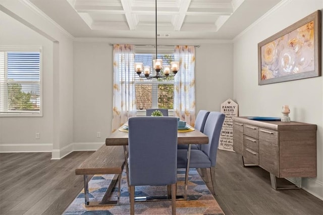 372 Garnet Dr, Acworth, GA 30101 - dining room featuring a chandelier, dark wood-style floors, beam ceiling, crown molding, and coffered ceiling