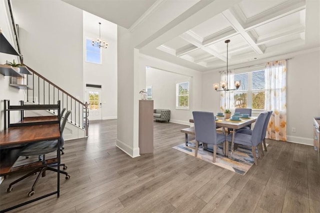372 Garnet Dr, Acworth, GA 30101 - dining room with a chandelier, stairway, wood finished floors, beamed ceiling, and baseboards