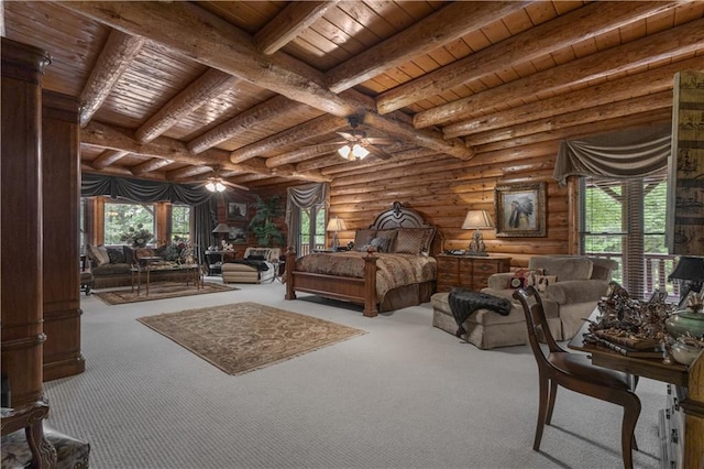 14501 Woolsey Rd, Hampton, GA 30228 - carpeted bedroom featuring a wooden ceiling with exposed beams and log walls