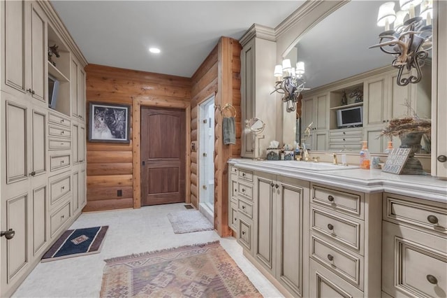 14501 Woolsey Rd, Hampton, GA 30228 - bathroom featuring vanity, a chandelier, rustic walls, and recessed lighting